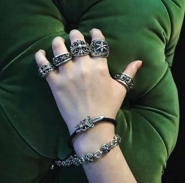Chrome Hearts Anel de banda floral prateado largo motivos entalhados anel 2