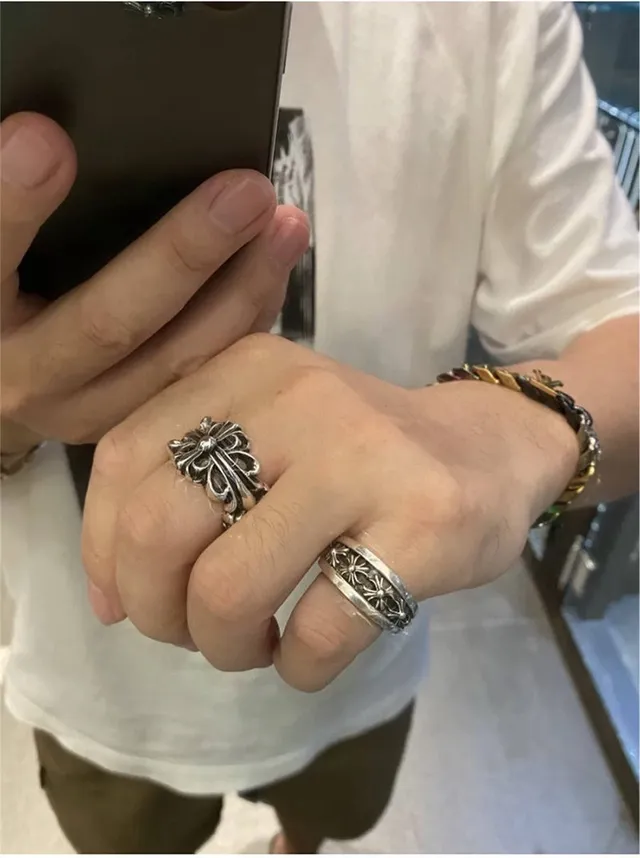 Chrome Hearts Anel de banda floral prateado largo motivos entalhados anel 3