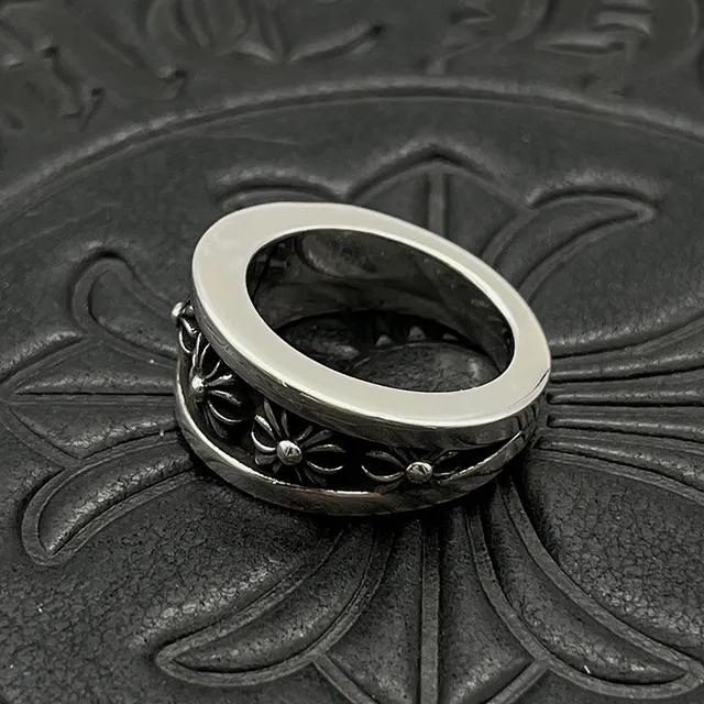 Chrome Hearts Anel de banda floral prateado largo motivos entalhados anel 6