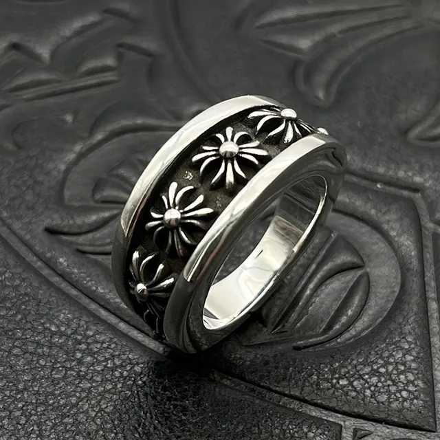 Chrome Hearts Anel de banda floral prateado largo motivos entalhados anel 7