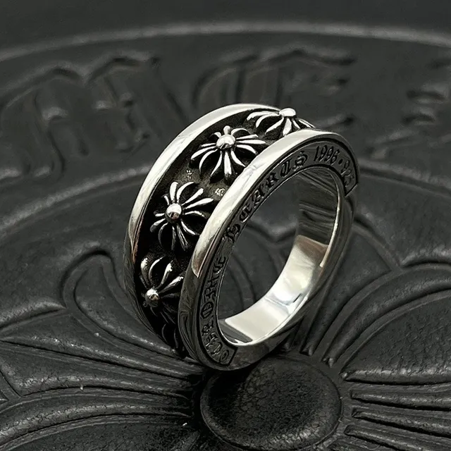 Chrome Hearts Anel de banda floral prateado largo motivos entalhados anel 9