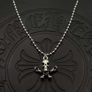 Chrome Hearts Silver Black Ball Chain 3D Sculpted Skull Necklace