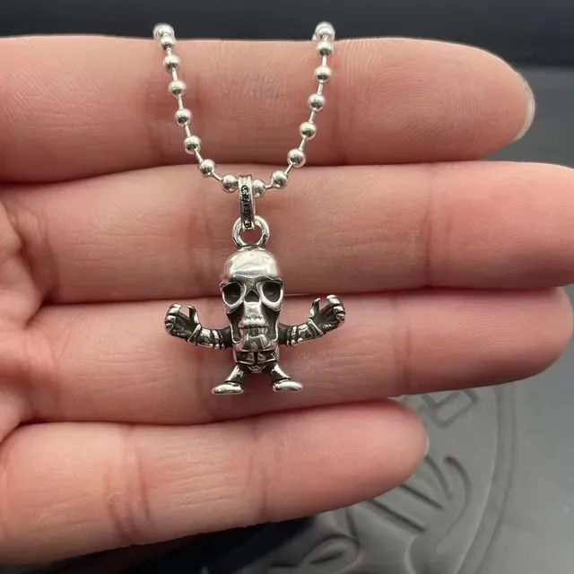 Chrome Hearts Silver Black Ball Chain 3D Sculpted Skull Necklace 3