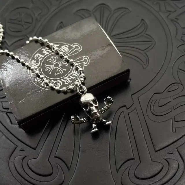 Chrome Hearts Silver Black Ball Chain 3D Sculpted Skull Necklace 5
