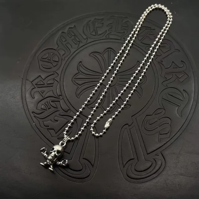 Chrome Hearts Silver Black Ball Chain 3D Sculpted Skull Necklace 6