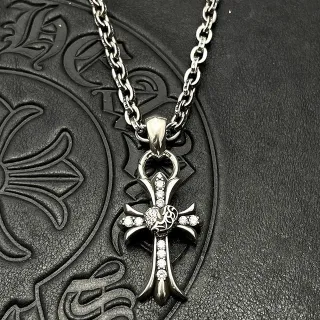Chrome Hearts Silver Black Gothic Cross Pendant Pavé-Set Clear Stones Necklace