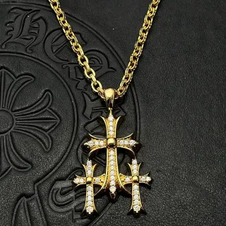 Chrome Hearts Triple Cross Pavé Gold Tone Necklace