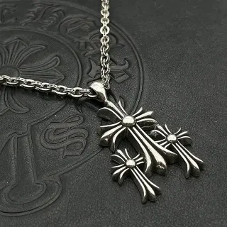 Chrome Hearts Triple Cross Riveted Silver Necklace