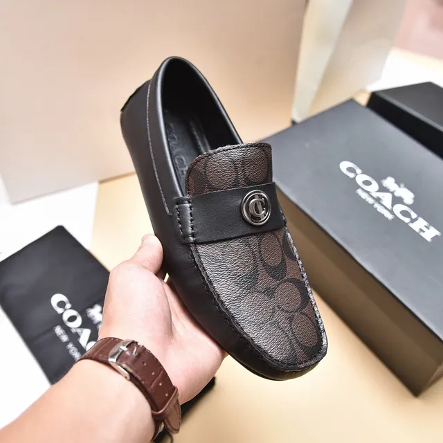 Coach Black Brown Monogram Canvas Leather Trim Loafer 6