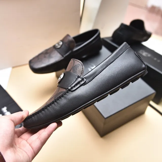 Coach Black Brown Monogram Canvas Leather Trim Loafer 7