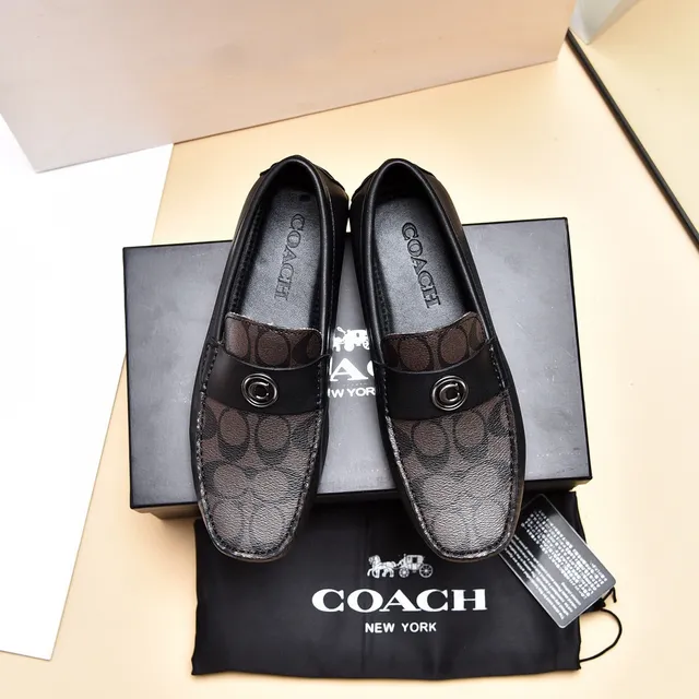 Coach Black Brown Monogram Canvas Leather Trim Loafer 9