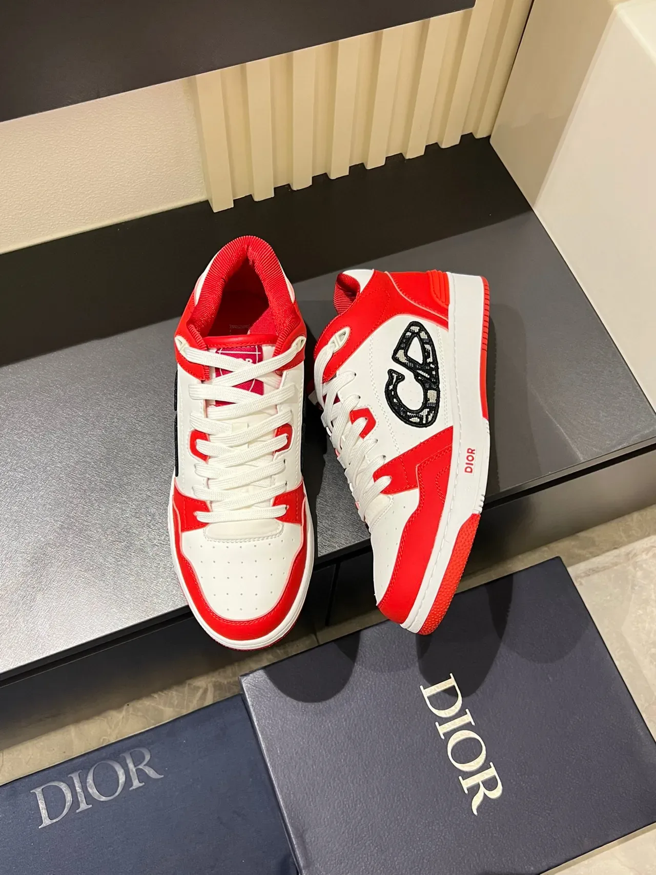 Dior B23 Red and White Embroidered CD Monogram Lifestyle Sneakers 5