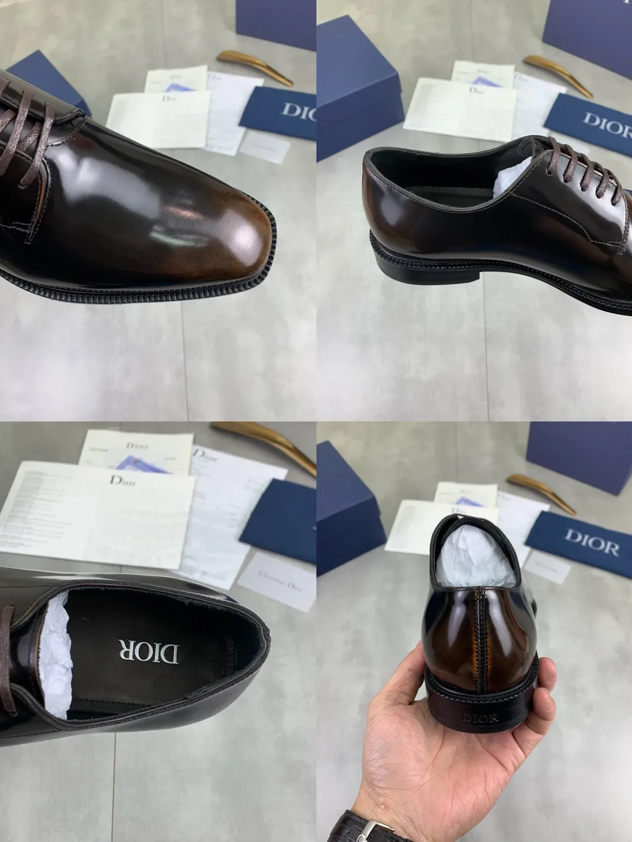Dior B27 Chaussures Oxford Marron Cuir Patenté Bout Cap Haut Brillant 2