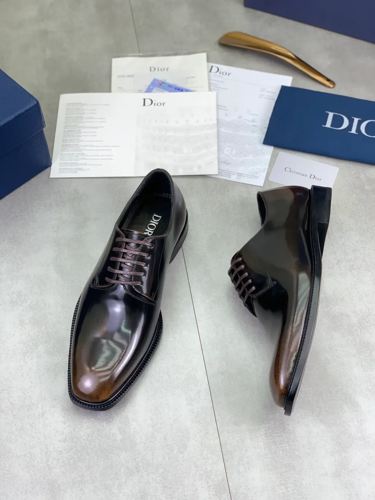 Dior B27 Chaussures Oxford Marron Cuir Patenté Bout Cap Haut Brillant 4