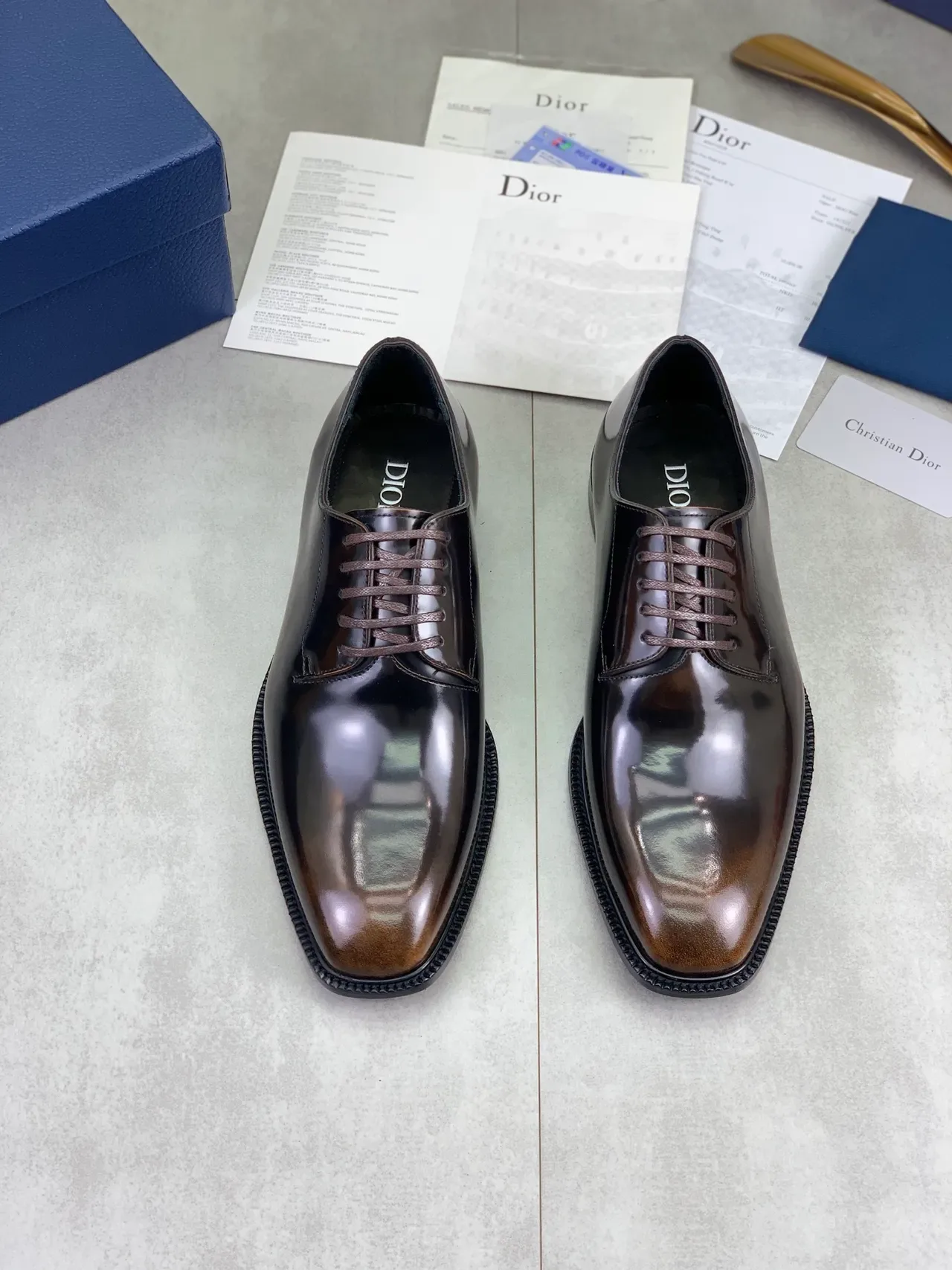 Dior B27 Chaussures Oxford Marron Cuir Patenté Bout Cap Haut Brillant 5