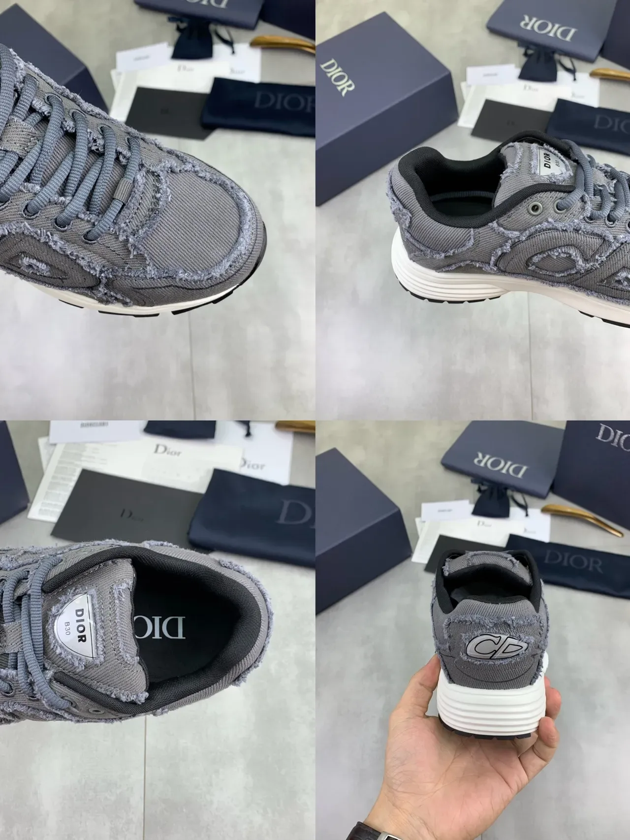 Dior B30 Gray Frayed-Edge Textile Lifestyle Sneakers 3