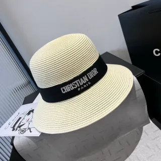 Dior Beige Black Woven Straw-Like Texture Structured Ribbed Crown Fedora