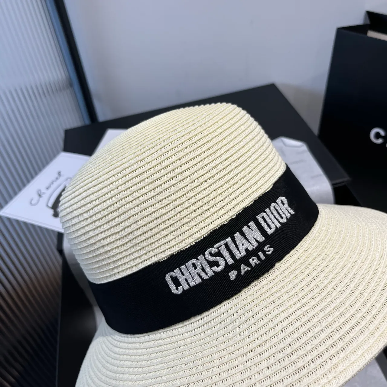 Dior Beige Black Woven Straw-Like Texture Structured Ribbed Crown Fedora 5