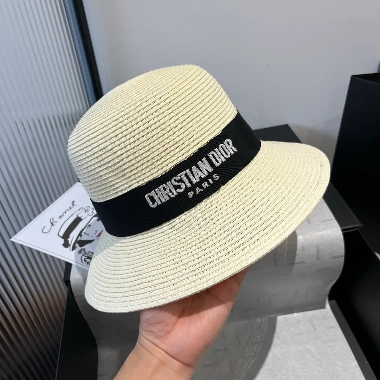 Dior Beige Black Woven Straw-Like Texture Structured Ribbed Crown Fedora 6