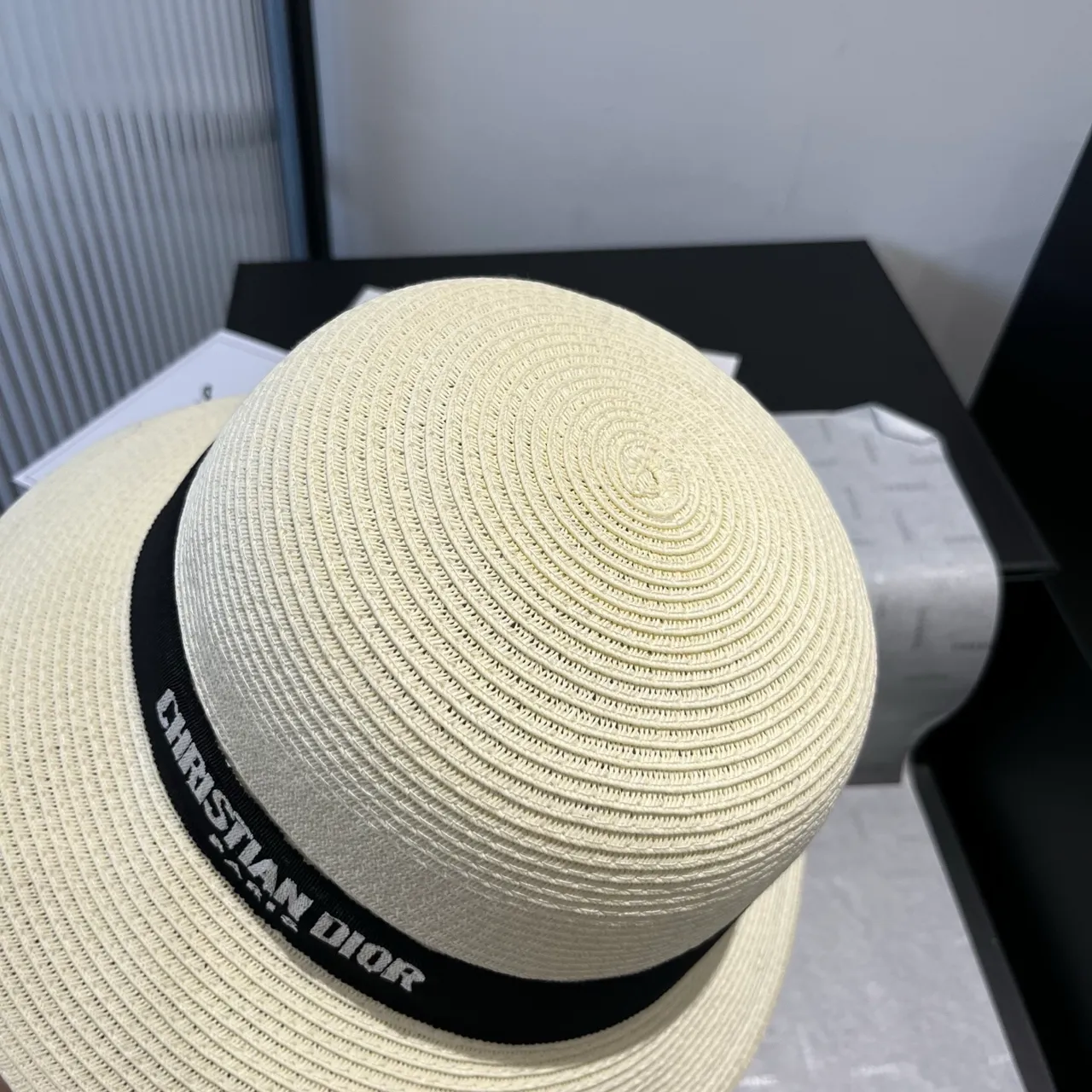 Dior Beige Black Woven Straw-Like Texture Structured Ribbed Crown Fedora 7