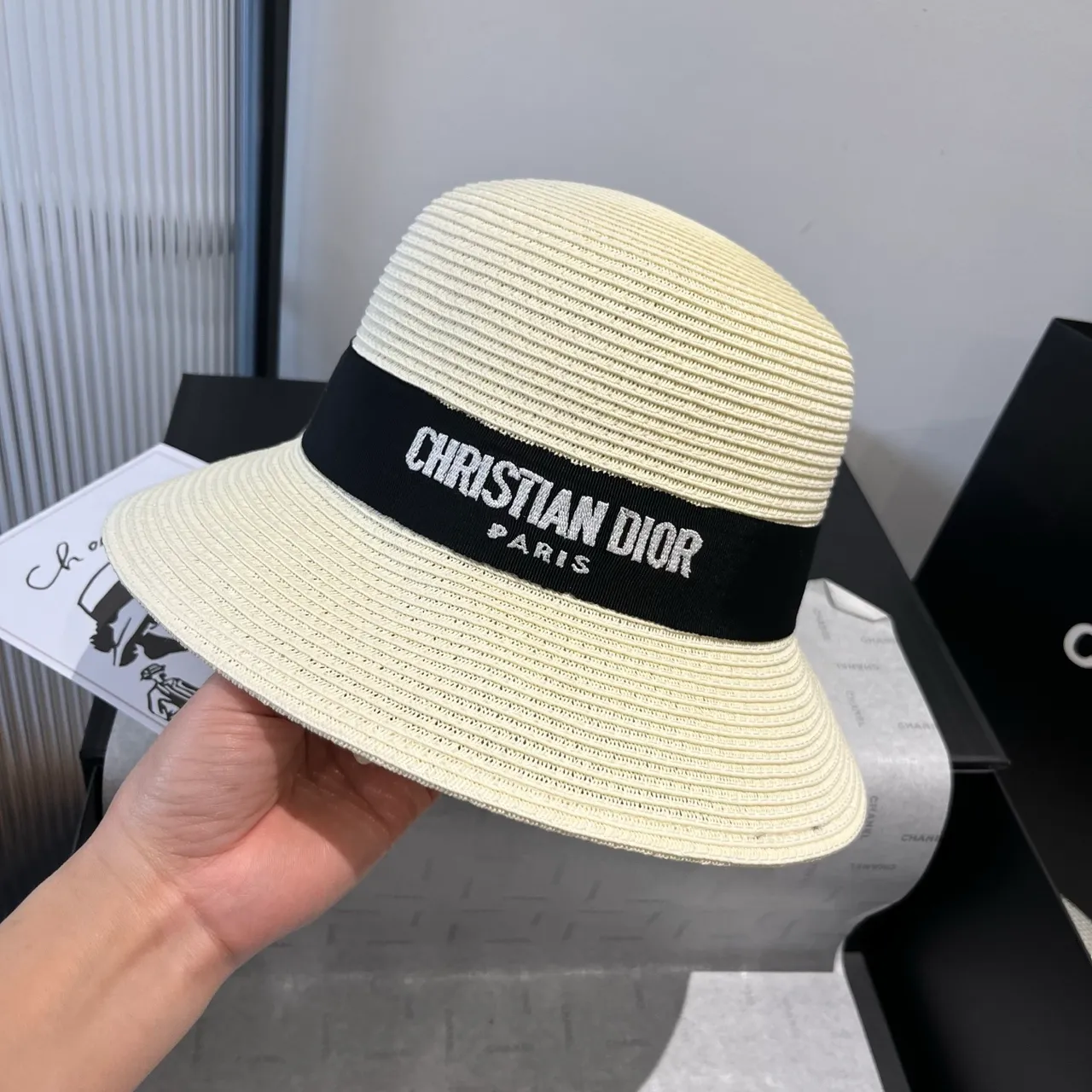 Dior Beige Black Woven Straw-Like Texture Structured Ribbed Crown Fedora 9