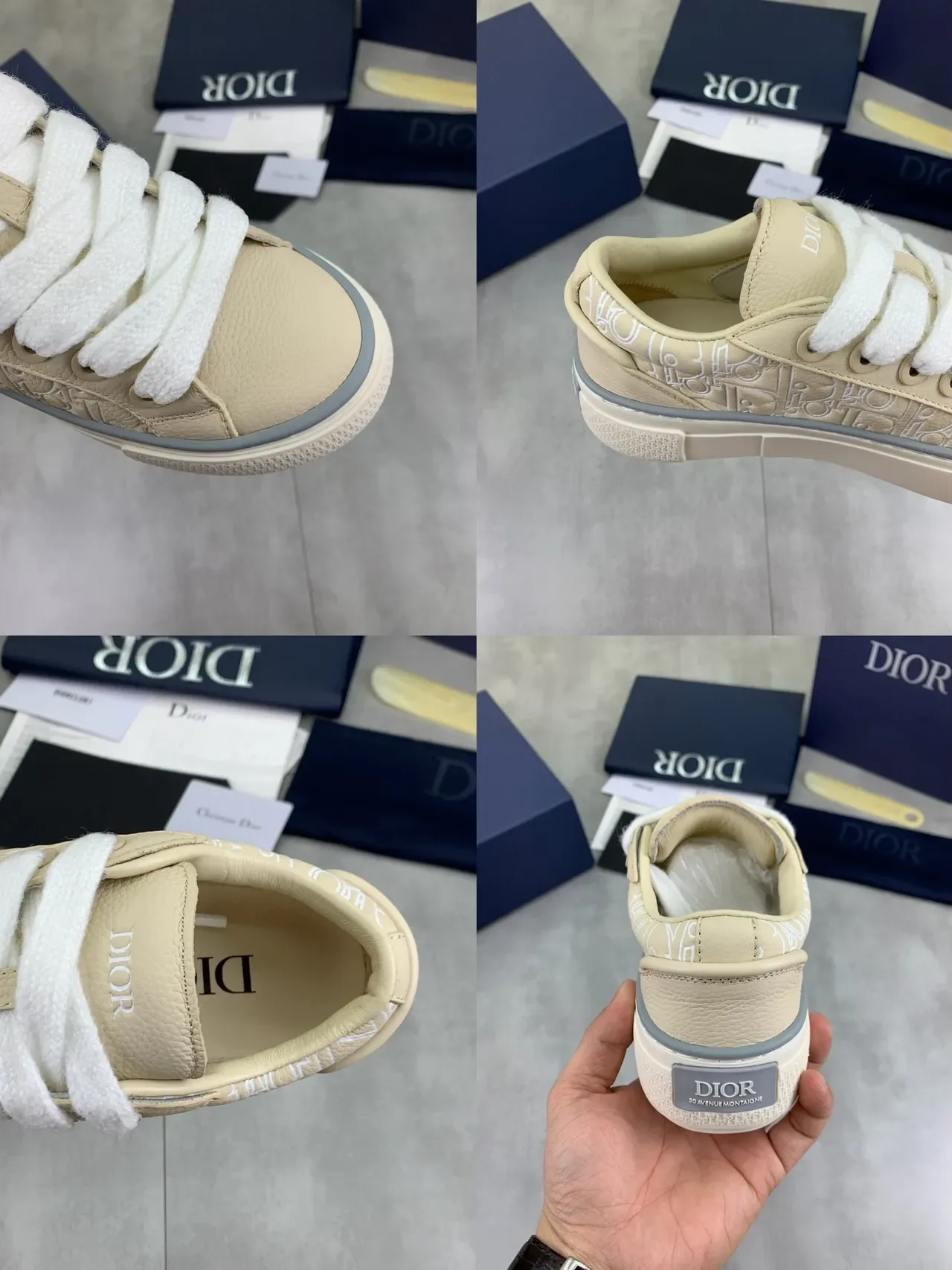 Dior Chaussures Lifestyle Beige Gris Cuir Monogram-Embossé Semelle Plateforme Low-Top 3