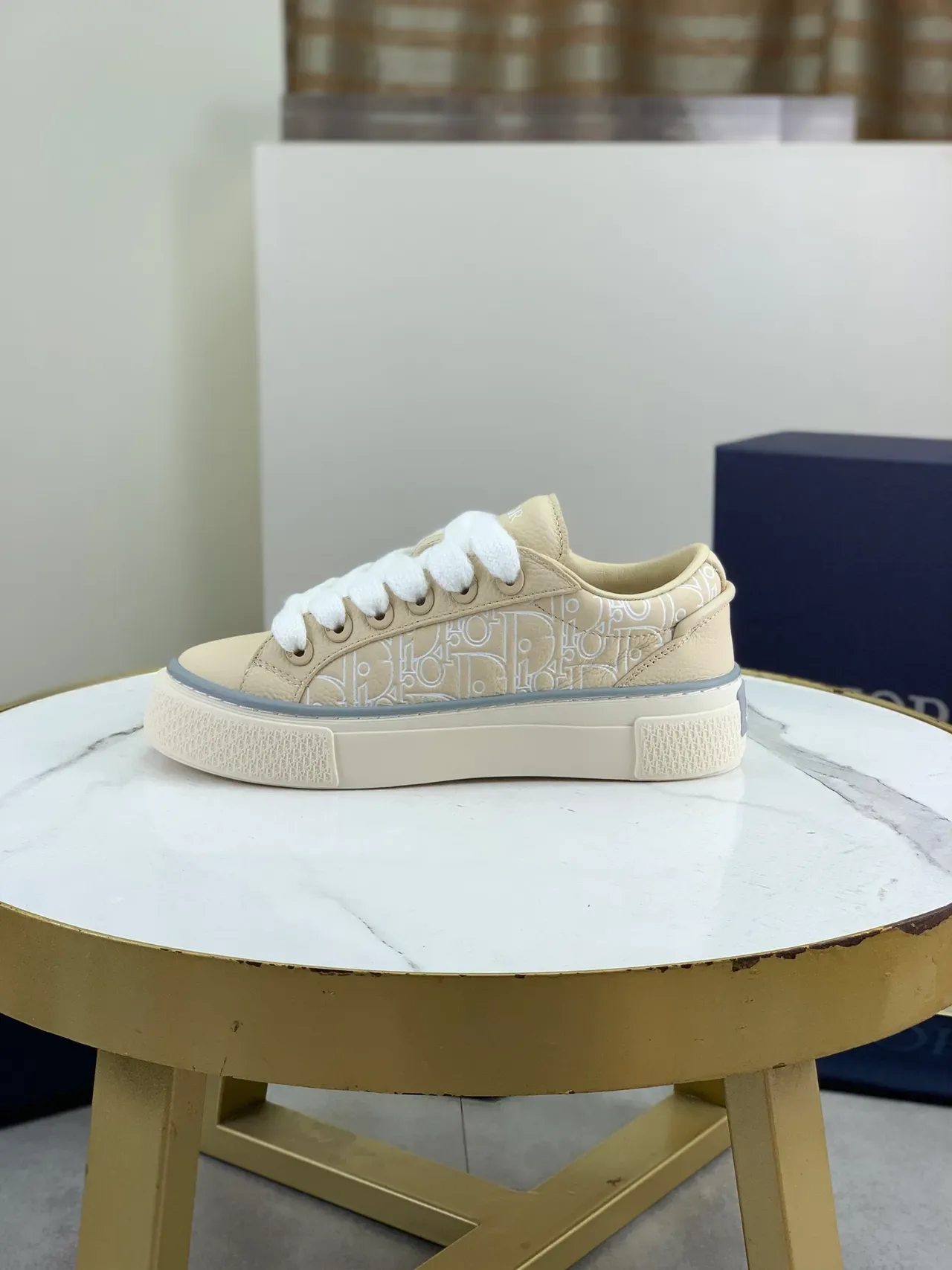 Dior Chaussures Lifestyle Beige Gris Cuir Monogram-Embossé Semelle Plateforme Low-Top 6