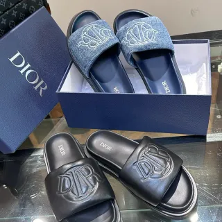 Dior काले नीले Monogram पट्टी समतल तल चप्पल