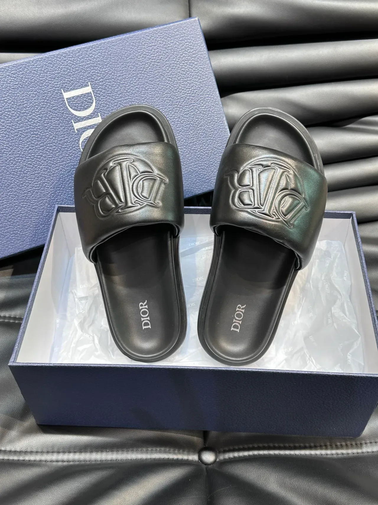 Dior Black Blue Monogram Strap Flat Sole Slippers 3