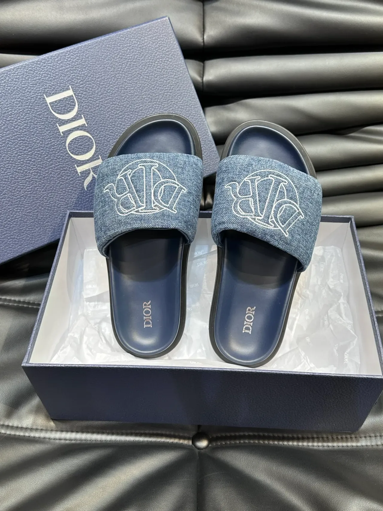 Dior Black Blue Monogram Strap Flat Sole Slippers 6
