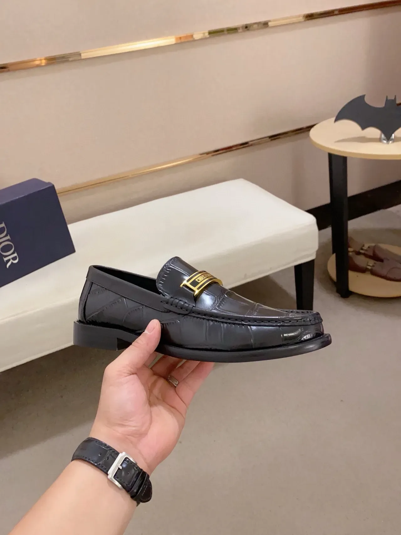 Dior Black Gold Croc-Embossed Leather Logo Plaque Loafer 4