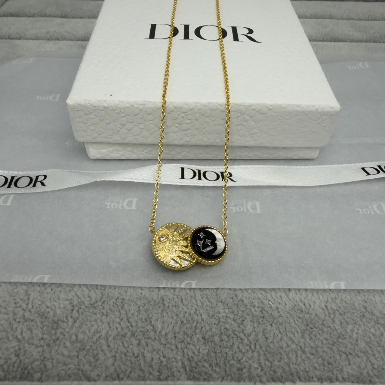Dior Black Gold Dual-Layer Circular Pendant Sunburst Motif Necklace 4