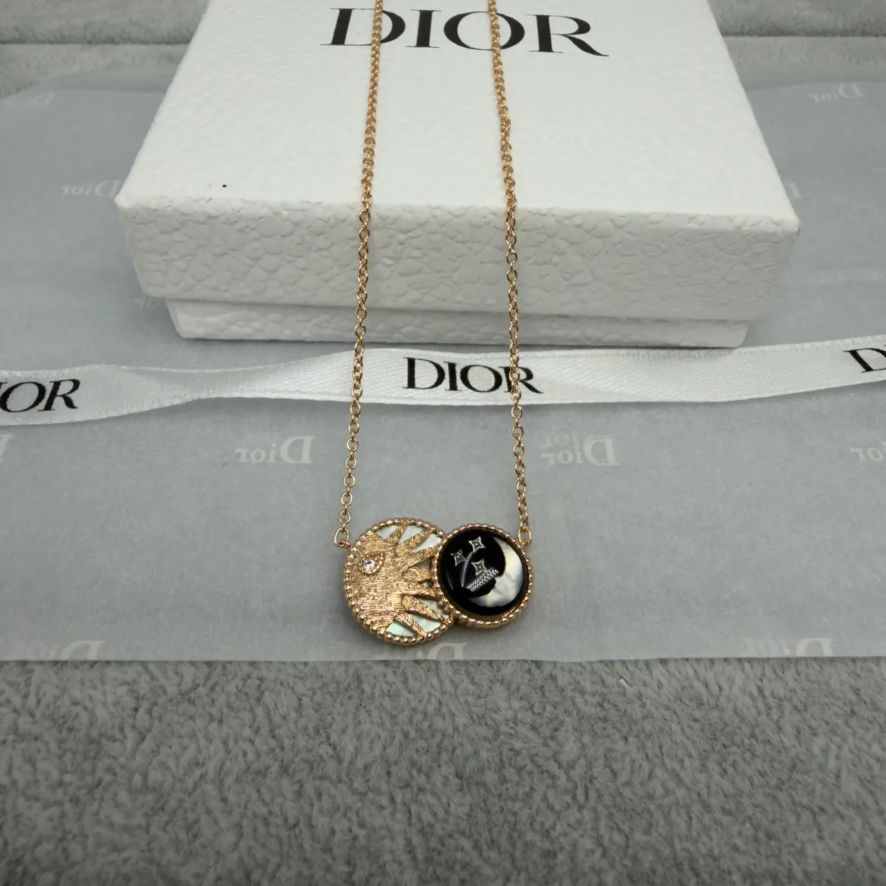 Dior Black Gold Dual-Layer Circular Pendant Sunburst Motif Necklace 5