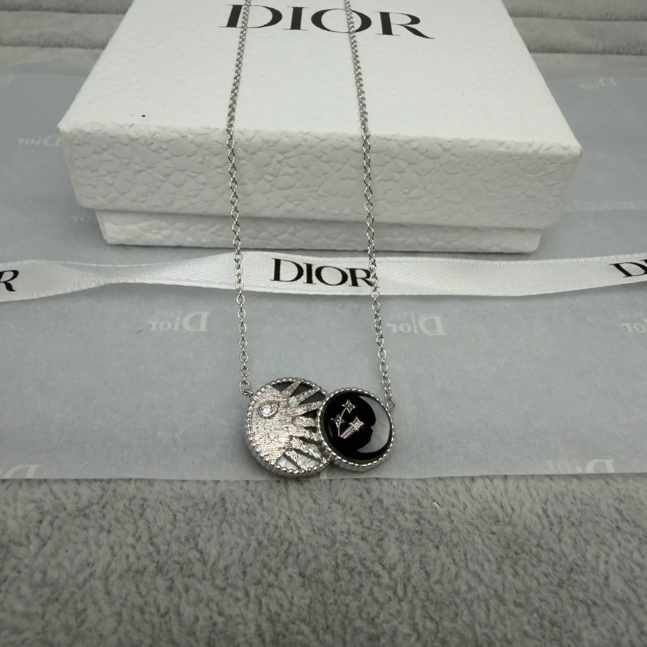 Dior Black Gold Dual-Layer Circular Pendant Sunburst Motif Necklace 6