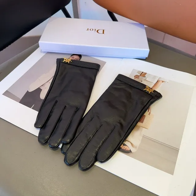 Dior قفازات جلد أسود ذهبي ناعم مثقوب كم معصم 7