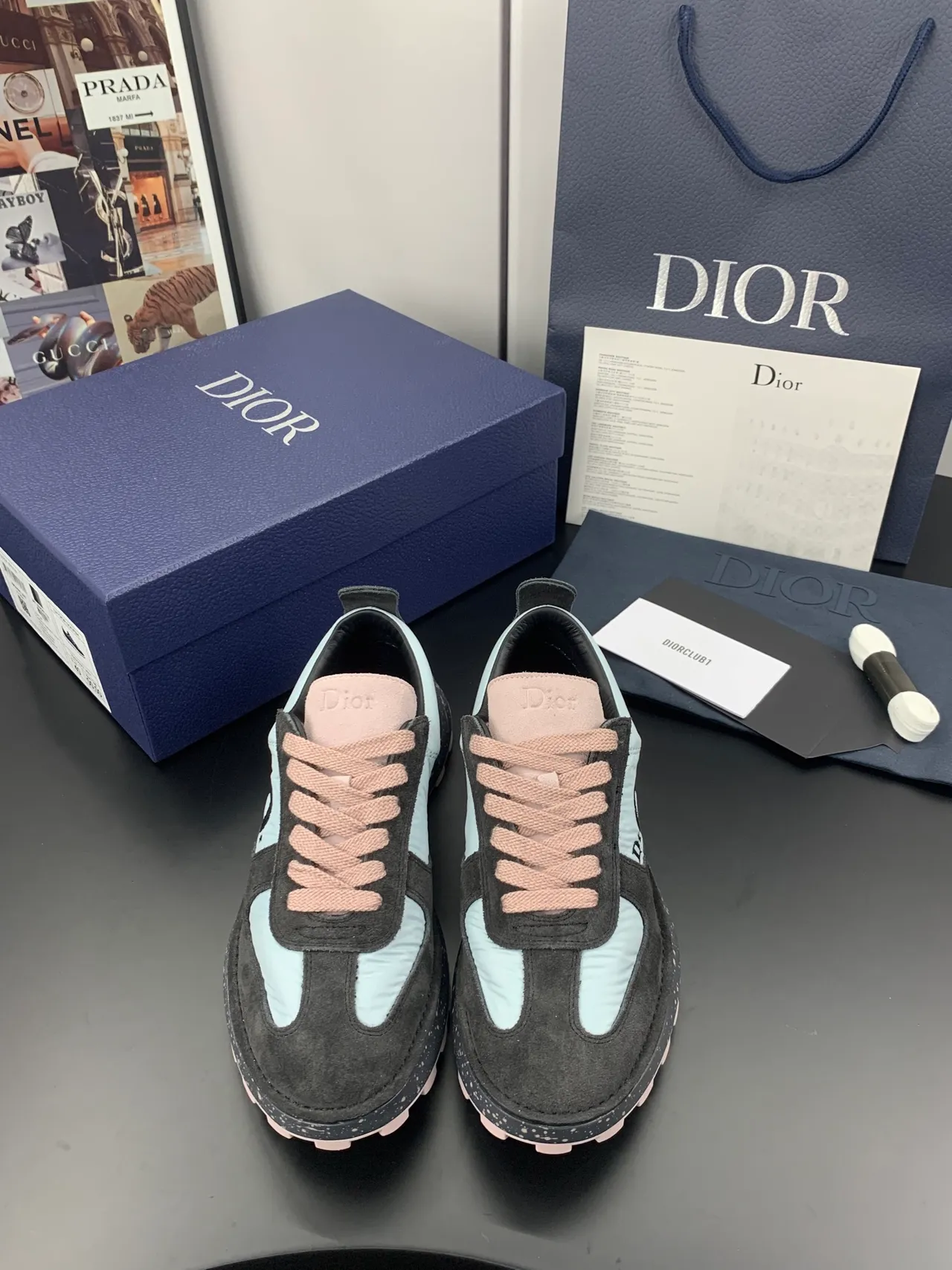 Dior Black Pink Sole Mixed-Material Upper Chunky Sneakers 4