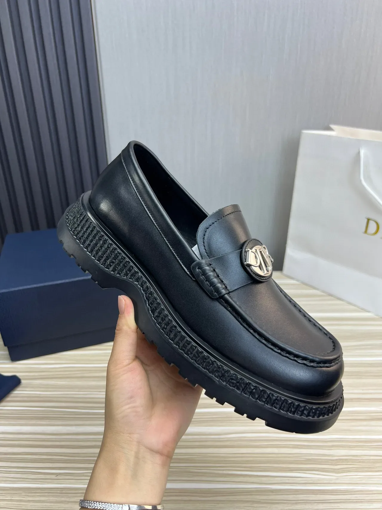 Dior Black Silver Leather Chunky Ridged Sole Loafer 6