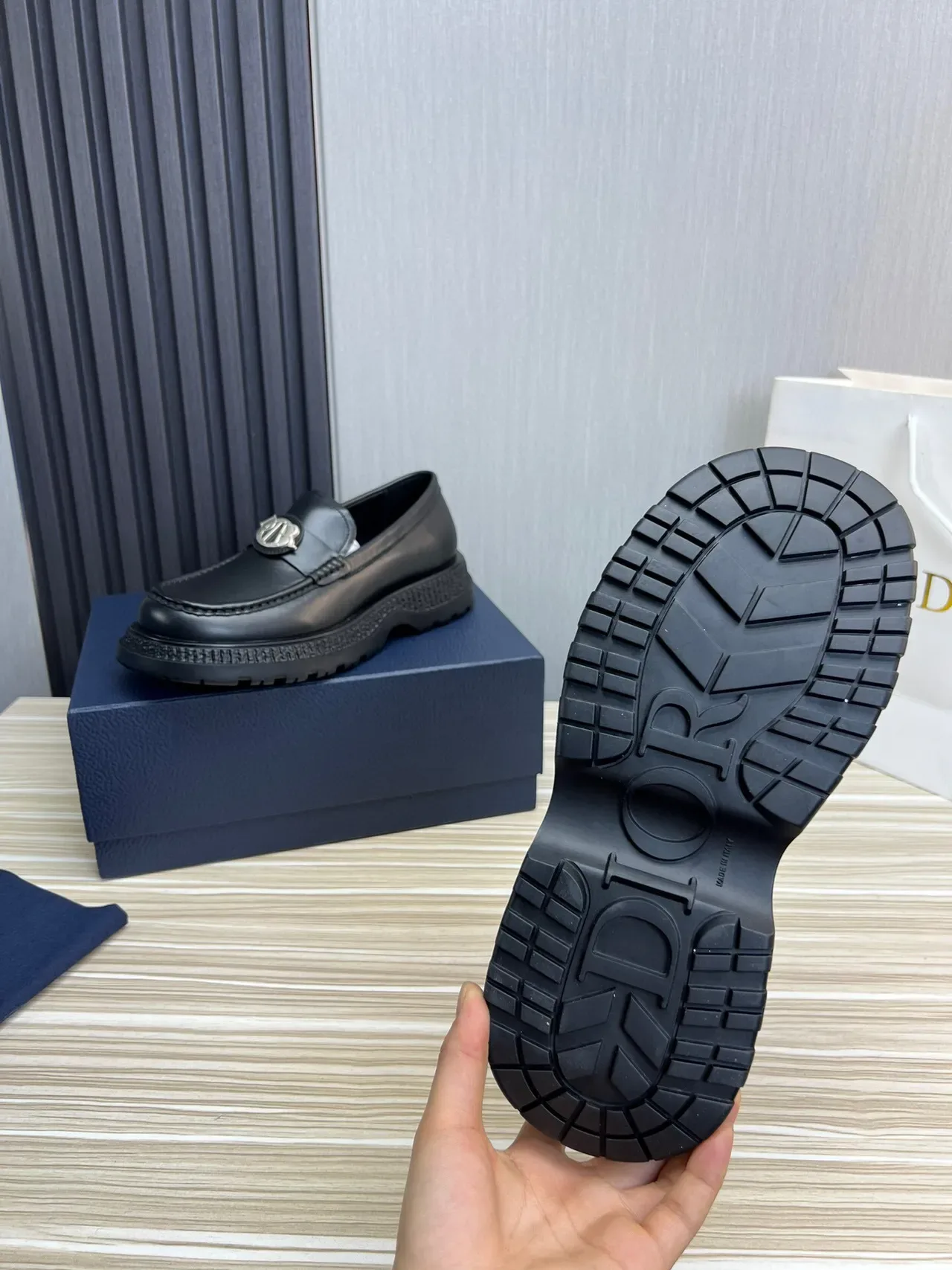 Dior Black Silver Leather Chunky Ridged Sole Loafer 8