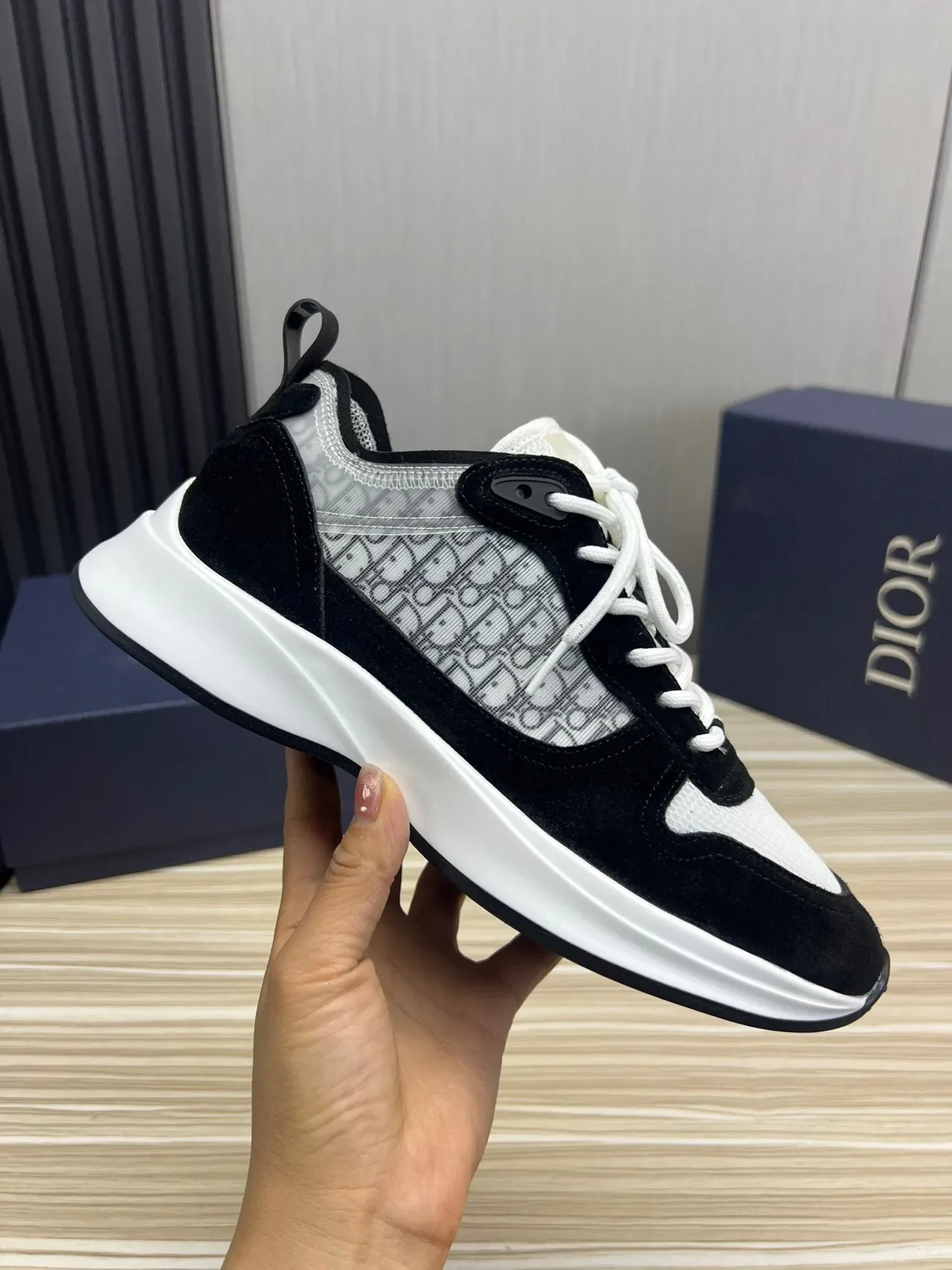 Dior Black White Chunky Platform Sole Monogrammed Mesh Side Panel Lifestyle Sneakers 6