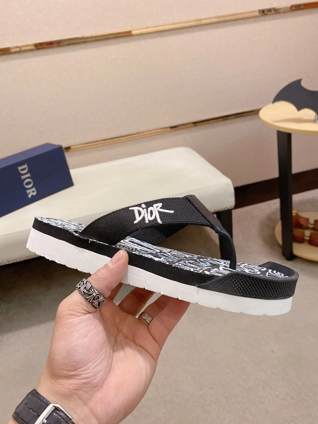 Dior Black White Platform Sole Monogrammed Insole Slippers 4