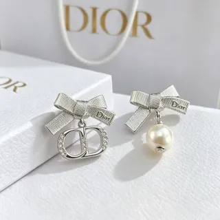 Dior Bow Motif Asymmetrical Crystal and Pearl Earrings