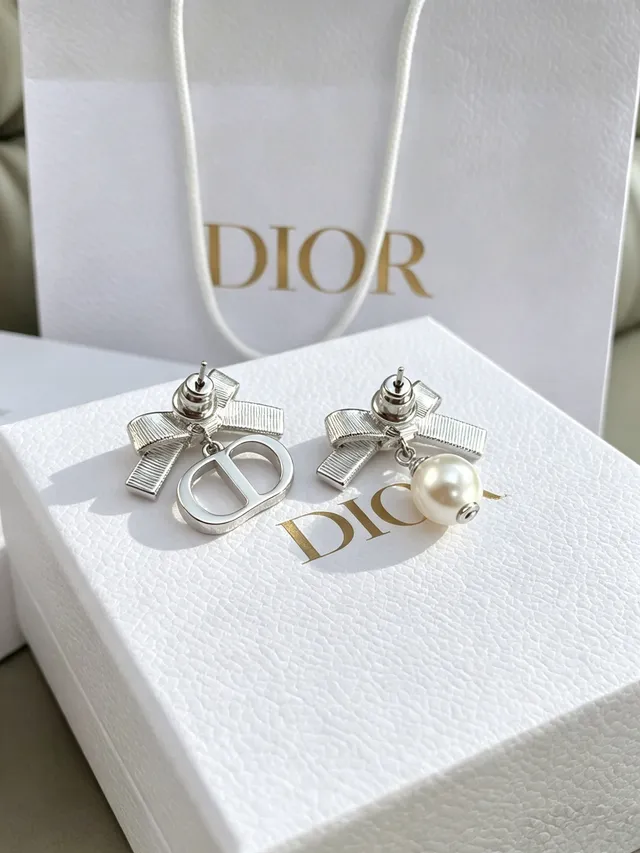 Dior Bow Motif Asymmetrical Crystal and Pearl Earrings 2