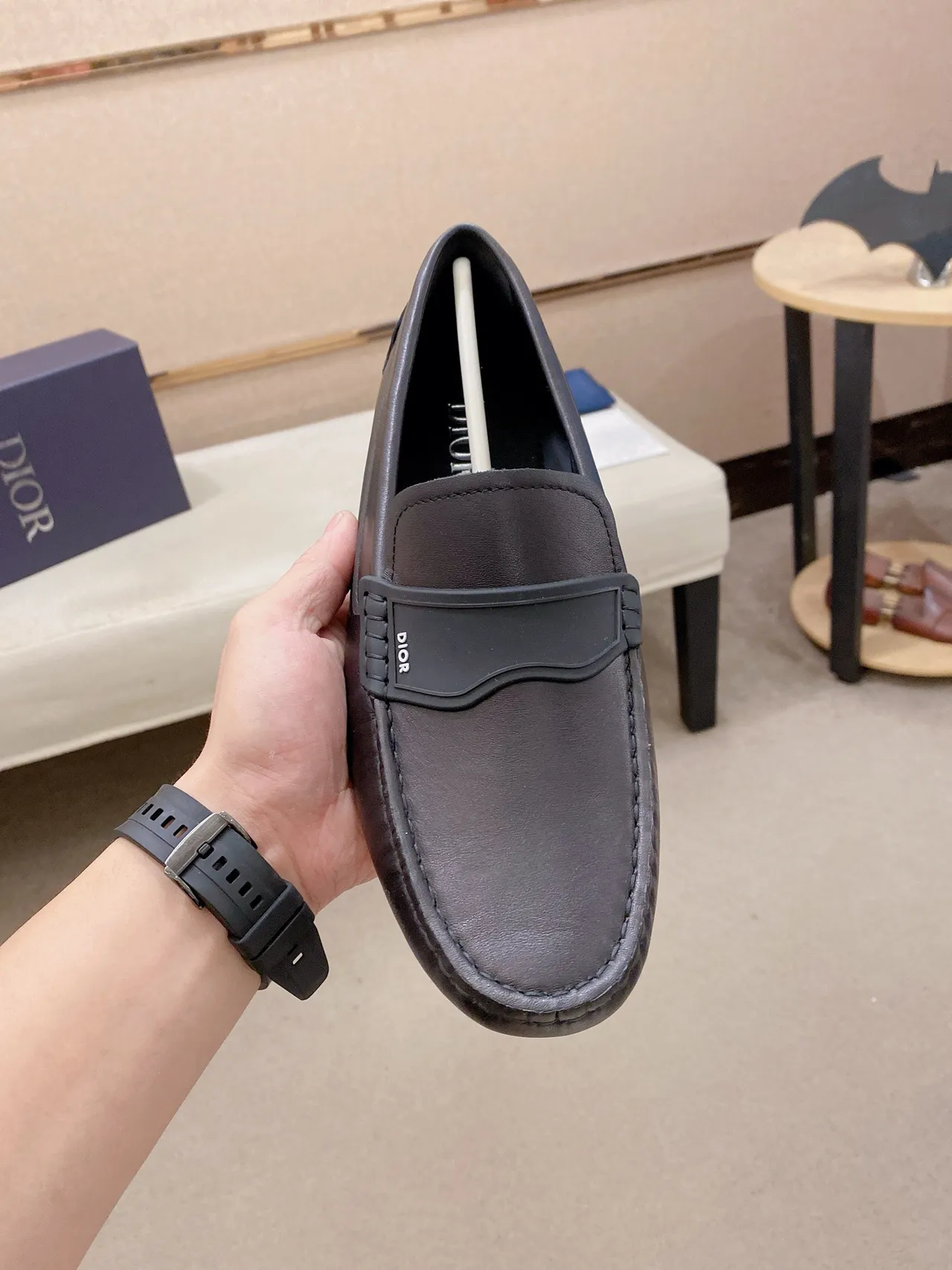 Dior Brown Black Smooth Leather Upper Molded Rubber Strap Loafer 4