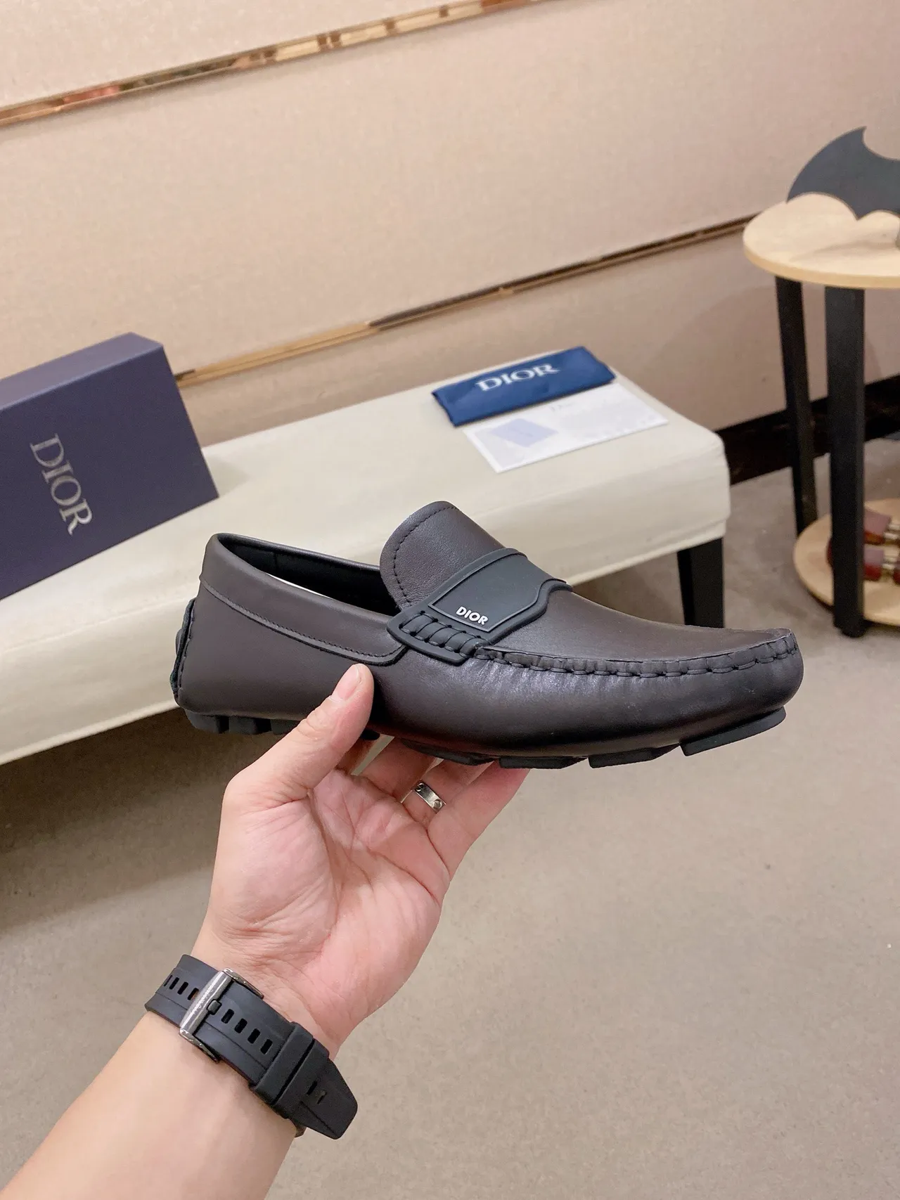 Dior Brown Black Smooth Leather Upper Molded Rubber Strap Loafer 5