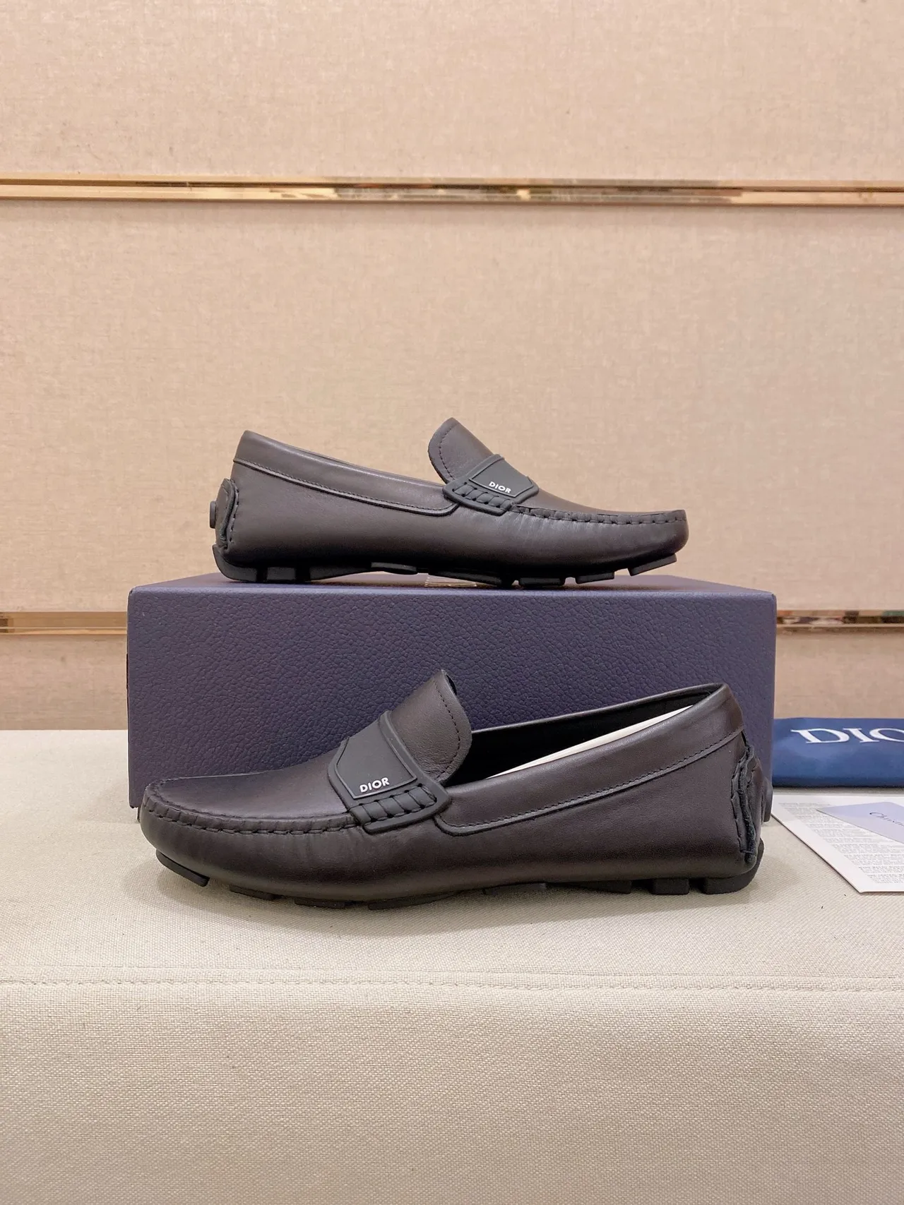 Dior Brown Black Smooth Leather Upper Molded Rubber Strap Loafer 8