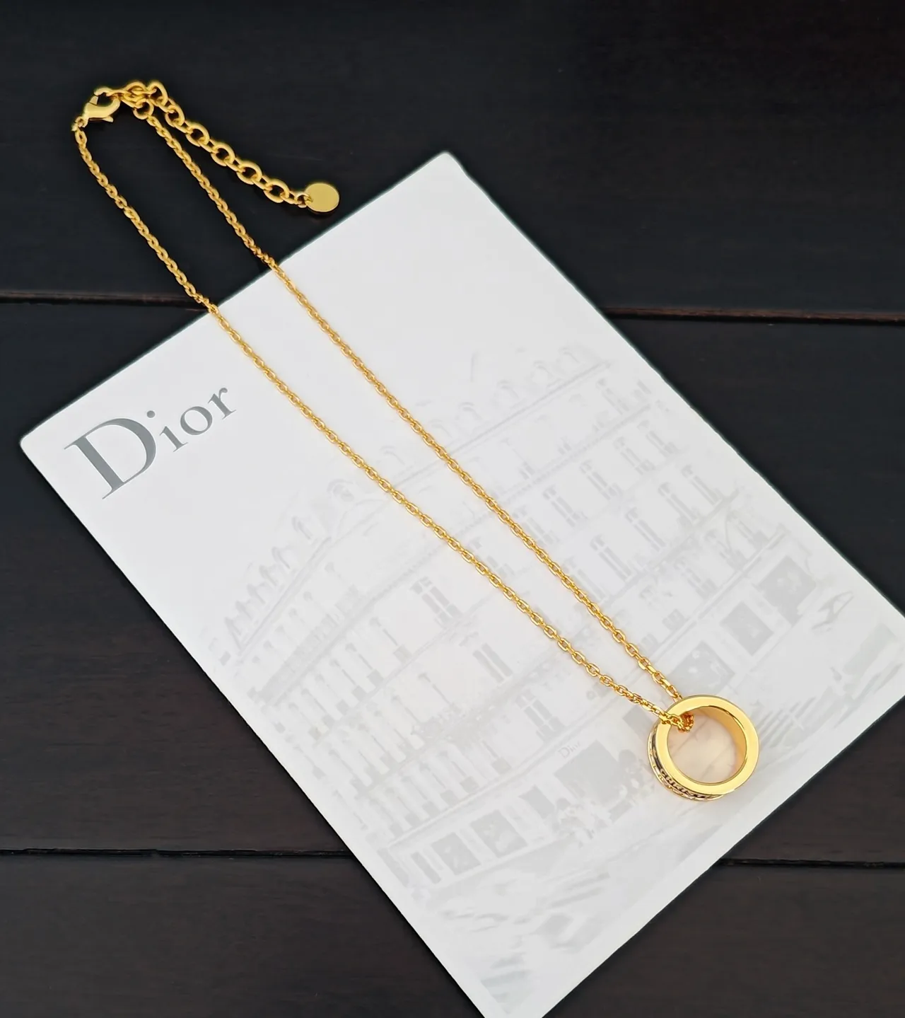 Dior Gold Black Curb Chain Stacked Ring Pendant Necklace 3