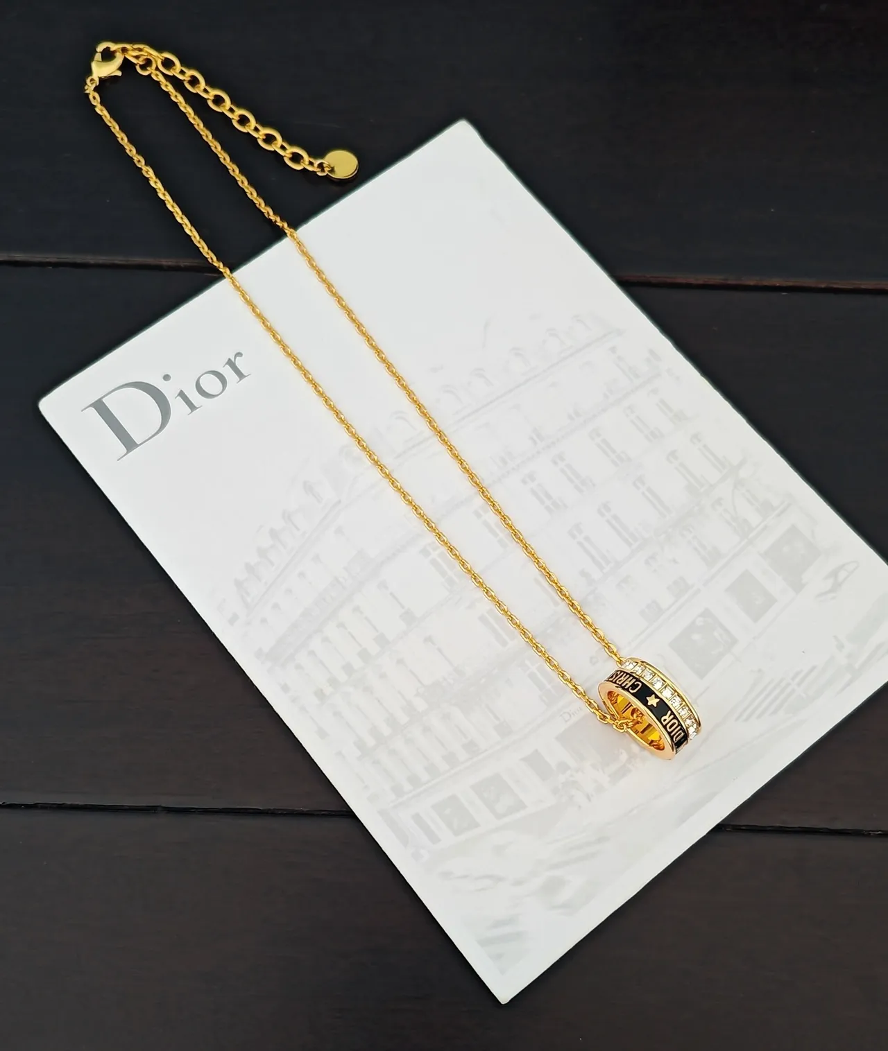 Dior Gold Black Curb Chain Stacked Ring Pendant Necklace 4