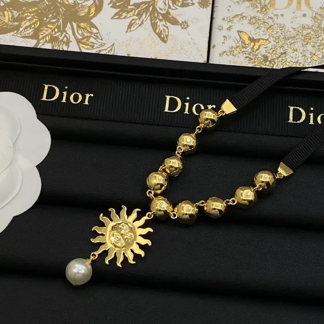 Dior Colar pingente sol pérolas corrente contas dourado preto 2