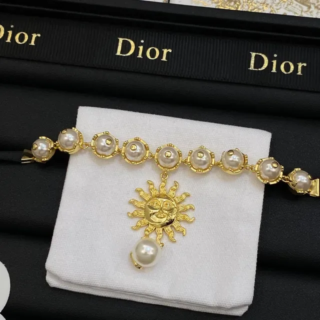 Dior Colar pingente sol pérolas corrente contas dourado preto 3