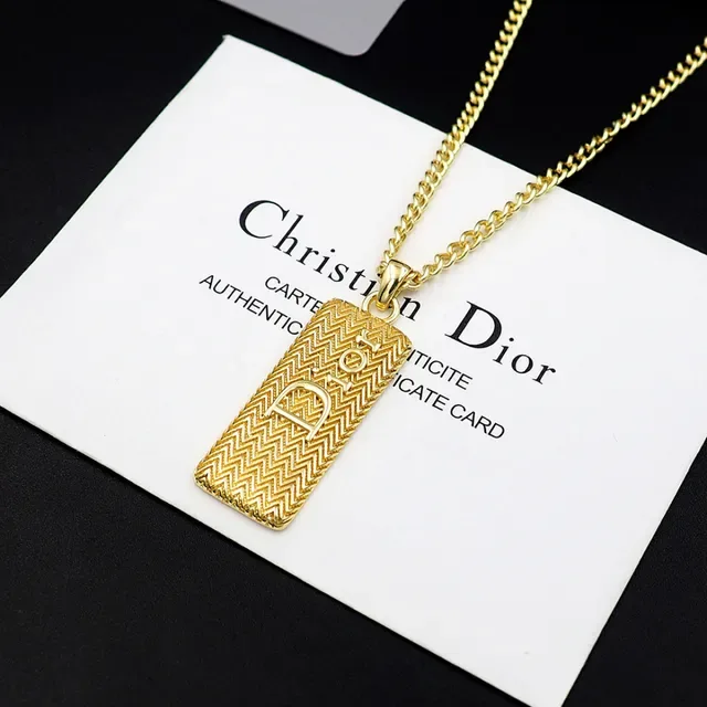 Dior Gold Curb Chain Rectangular Textured Pendant Necklace 2